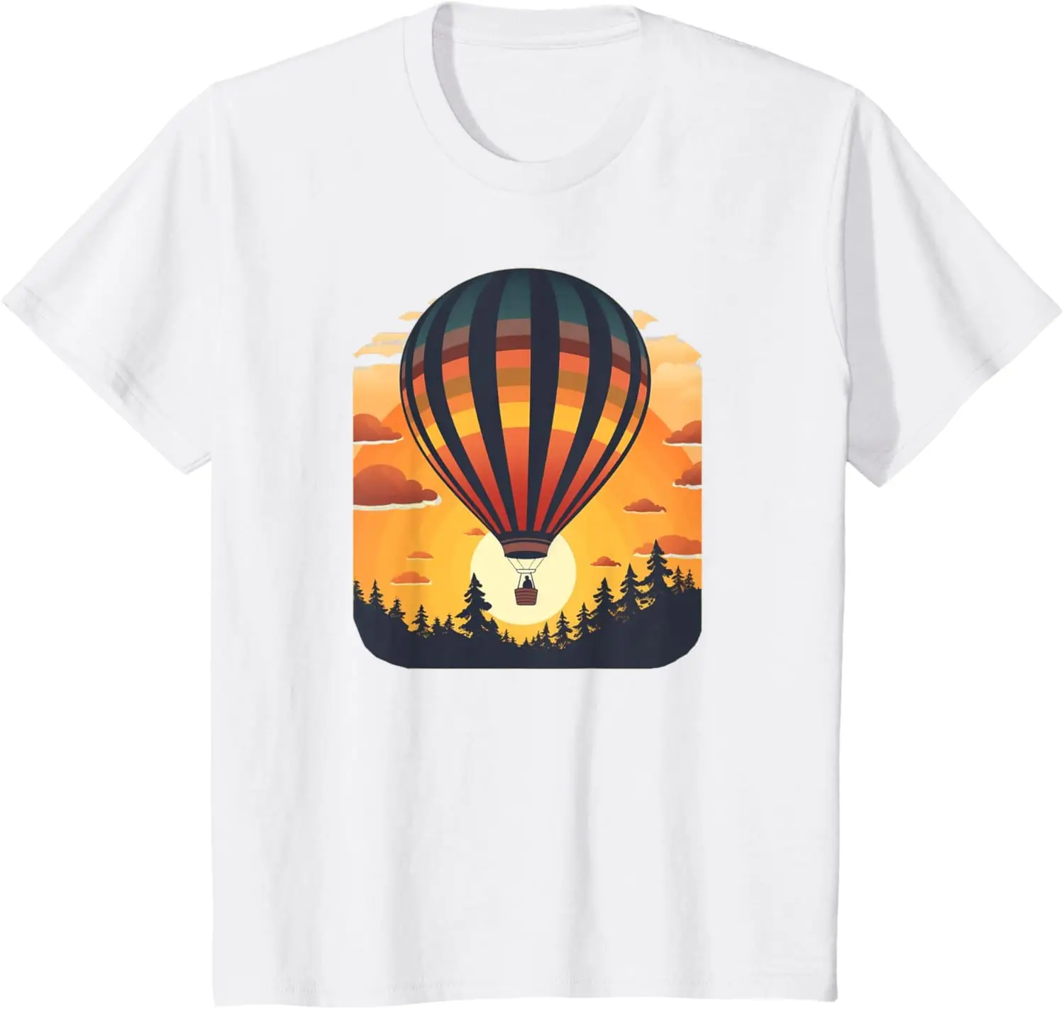 Wilderness Adventures with Sunset and Hot Air Balloon Custom Printed Graphic T Shirts Casual Vintage T Shirt Ropa Hombre