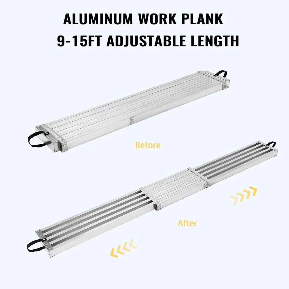 Telescoping Work Platform Plank, 9-15ft, 440 lbs Capacity, with Anti-Slip Platform and Scaffold Ladder Accessory (Silver)