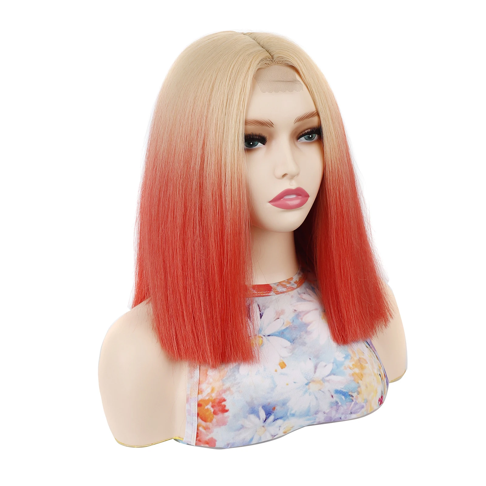 16Inch Ombre Bob Wigs For Women Middle Part Hand Tied Small Lace Front Synthetic Straight Wig Cosplay Daily Hair Wig