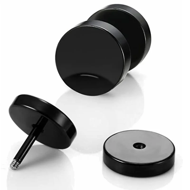 2 Pairs Stainless Steel Barbell Stud Earring For Men Women 6-10mm Black Earrings For Men Stud Punk Fake Ear Gauge Earring Stud