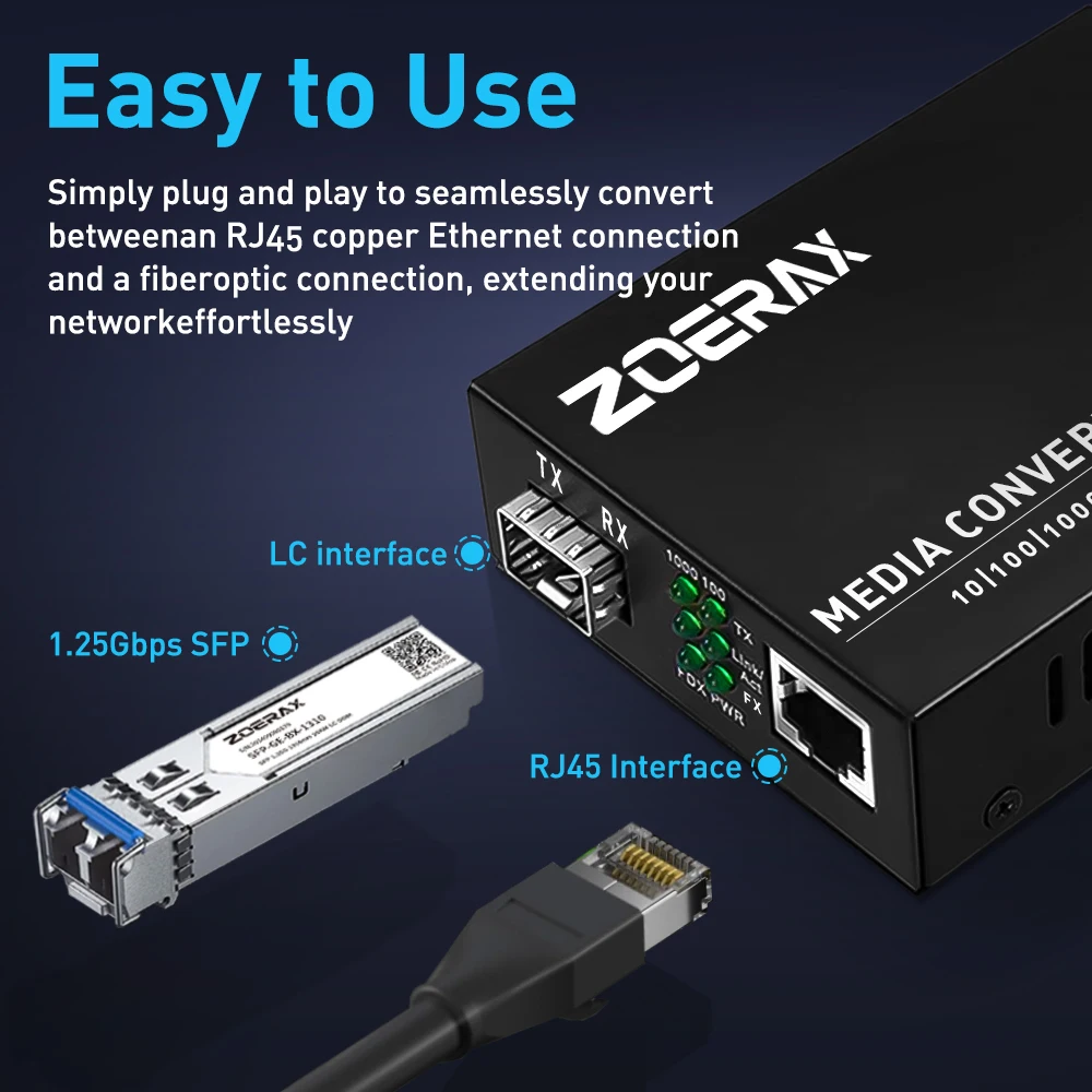 ZoeRax SFP LC SingleMode Fiber zu RJ45 Ethernet Media Converter Gigabit Fiber Optic Transceiver mit 1,25 Gbit/s SFP LC Modul – Detail 4