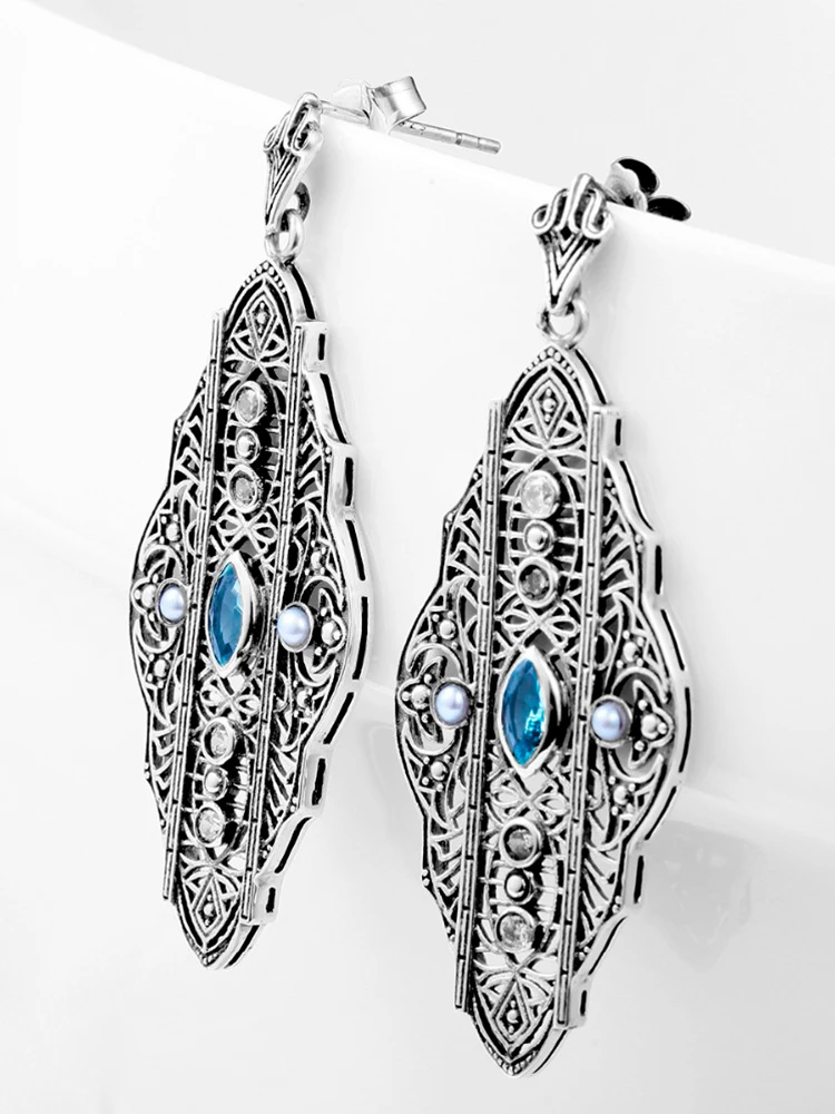 925 Sterling Silver Genuine Set Blue Topaz Pearl Earrings Necklace Sets for Women Vintage Filigree Persian Design Fine Jewelry