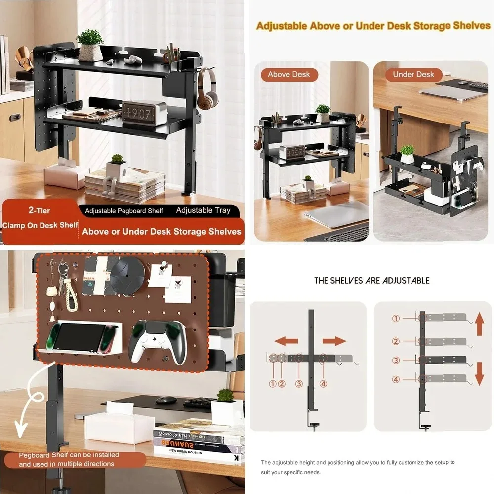 2 Tiers Clamp-on Desk with Pegboard Shelf No Drill Desk Organizer Rack Space Saving Adjustable Metal Desktop Clamp for Office