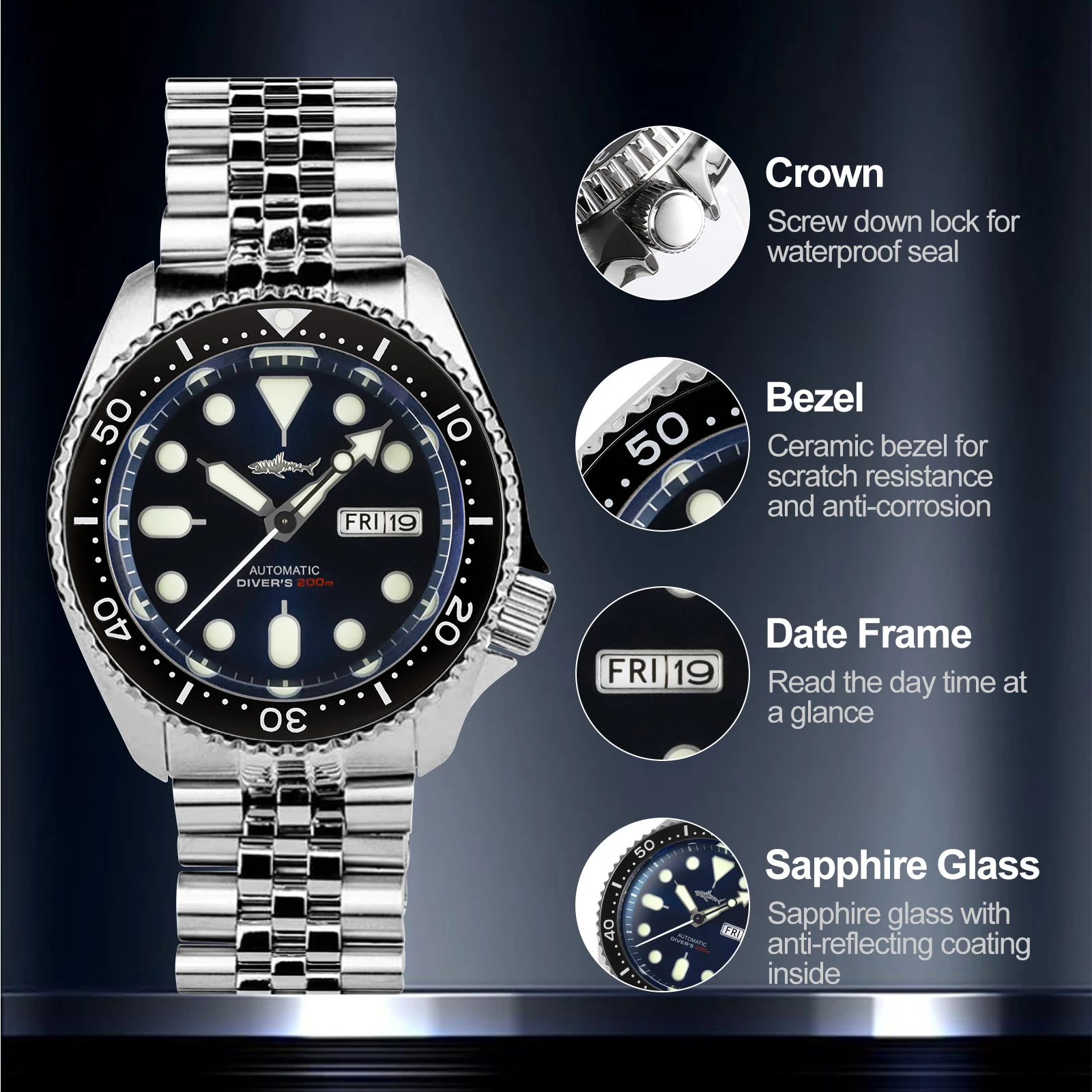 HEIMDALLR Skx007 Men Watch NH36 Movement Sharkey Ceramic Bezel 200M Waterproof Sapphire Automatic Mechanical Dive Watch for Men