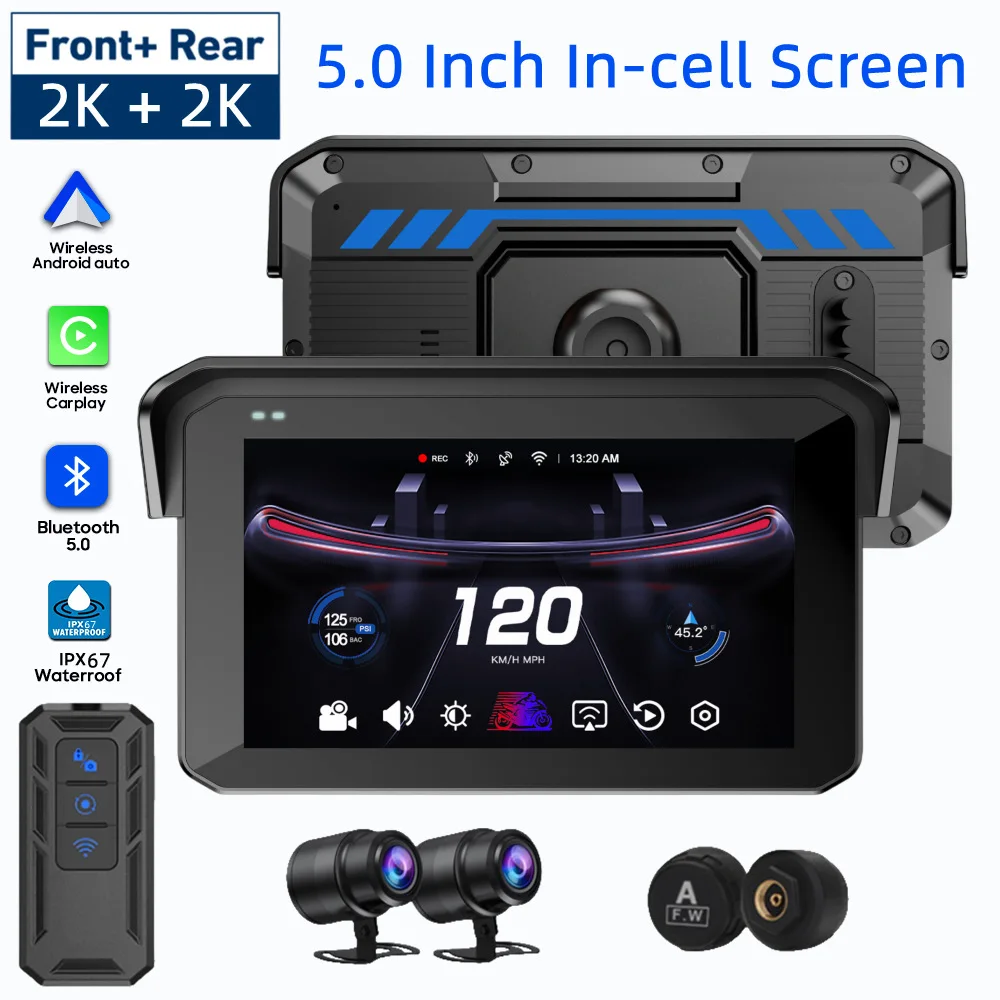 Moto Wireless Android Auto CarPlay Screen With 2K Camera DVR Recorder Blind Spot Detecting GPS Tracking Remote Control