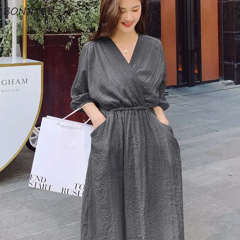 Jurk Dames V-hals Zakken Tender Retro Franse stijl Vintage Losse All-match Eenvoudig Gezellig Effen Vrije tijd Dame Bladerdeeg Mouw Vestido