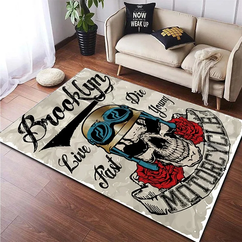 

VIKAMA Brooklyn Biker Style Skull Rose Carpet Living Room Bedroom Decorative Rug Personalized Slogan Hipster Floor Mats