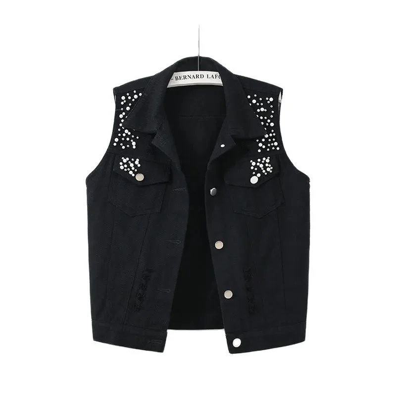 2023 Black Red Yellow Blue White Denim Vest Tops Women Spring Summer Washed Ripped Beaded Sleeveless Jacket Lady Jeans Waistcoat