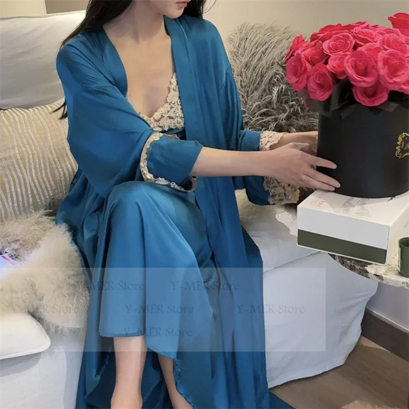 

Женская длинная ночная рубашка и халат, комплект лето-осень, новая домашняя одежда из искусственного шелка, большая кружевная лоскутная ночная рубашка, роскошная одежда для сна, кимоно, халат