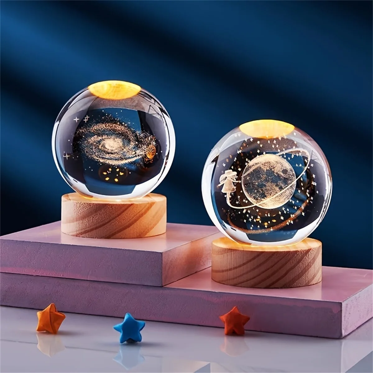 Crystal Ball 6cm Color Warm Light Planet Night Light Laser Carving Solar System Earth Galaxy Pattern Gift Desktop Decoration