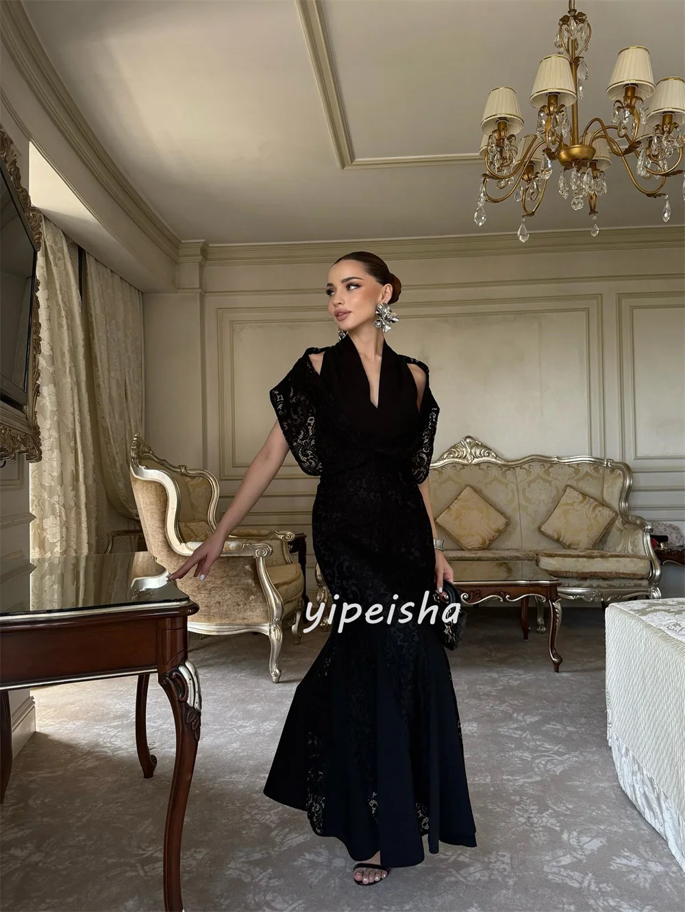 ชุดเดรสยาวแฟชั่นคุณภาพสูงแบบกำหนดเอง ผ้าเจอร์ซีย์แต่งระบายลูกไม้ ทรงตรง เปิดไหล่ ชุดเดรสสำหรับโอกาสพิเศษสั่งตัด คลาสสิก เซ็กซี่