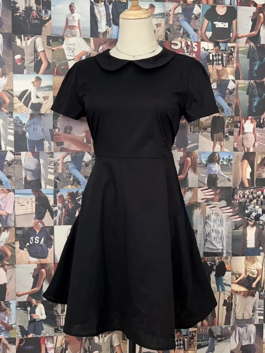 

Sweet Lace-up Solid Mini Dress Woman Peter Pan Collar Short Sleeve Cotton A-line Vestidos Sweet Preppy Style Summer Dresses New