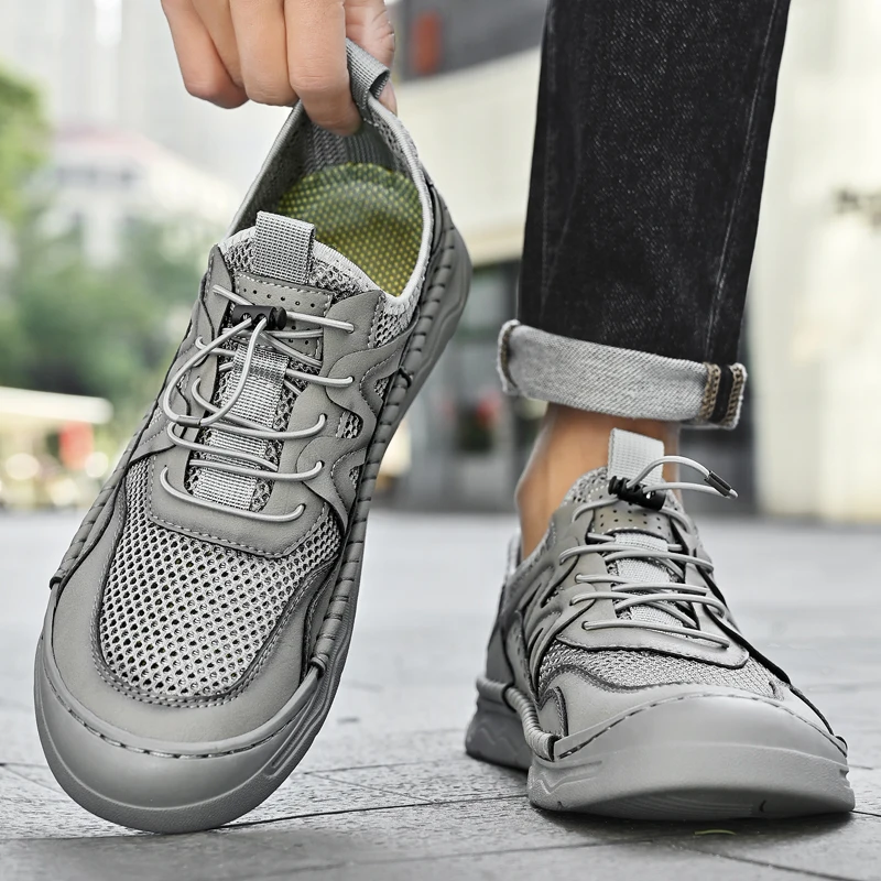 

Summer Men Hand Sewn Mesh Breathable Casual Shoes Comfortable Splicing Sweat Absorbing Anti Slip Daily Commuting Hiking Shoes