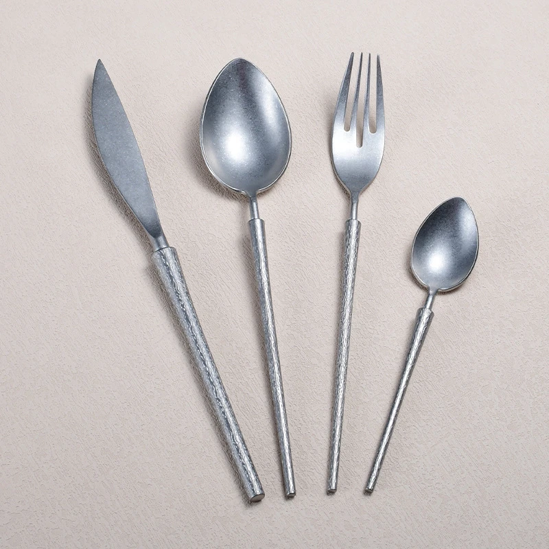 24Pcs Fashion Retro Matte Silver Cutlery Set 18/10 Stainless Steel Creativity Gift Vintage Flatware 304 Drop Shipping