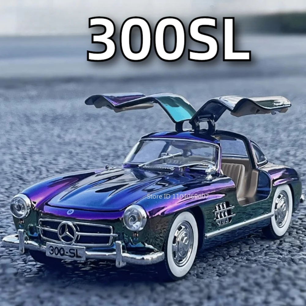 1:24 300SL Electroplatedรถของเล่นDiecast Vintageรถยนต์เสียง 4 ประตูเปิดดึงกลับรถของเล่นสําหรับเด็ก