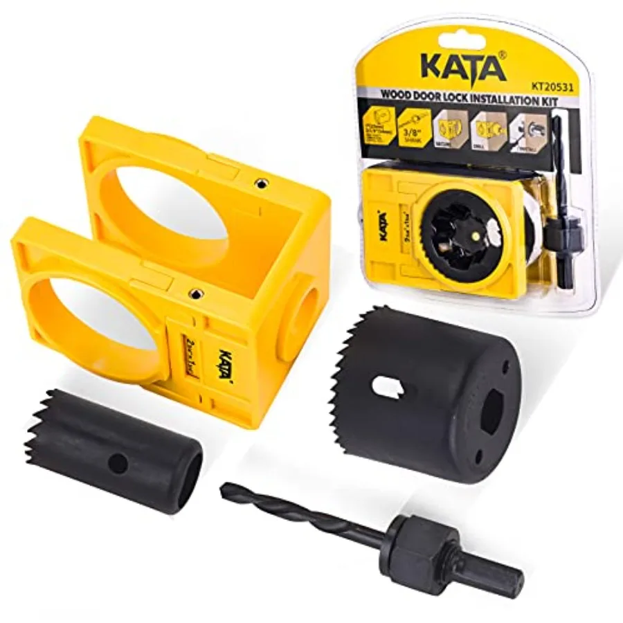 Kit de Instalación de Cerraduras para Puertas de Madera KATA de 1-3/8" - 1-3/4" con Plantilla Guía, Sierra Perforadora para Cerraduras, Acero al Carbono