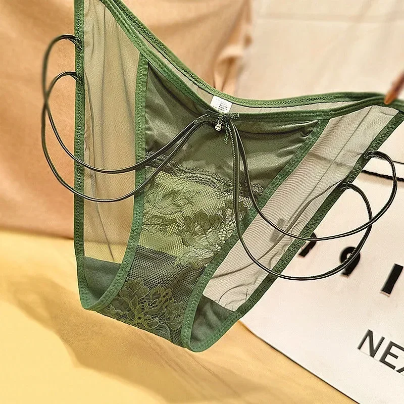 Light Luxury Ice Silk Satin Patchwork Lace Women Thin Underwear Comfortable Skin-friendly Mesh Breathable Elastic Triangle Pants