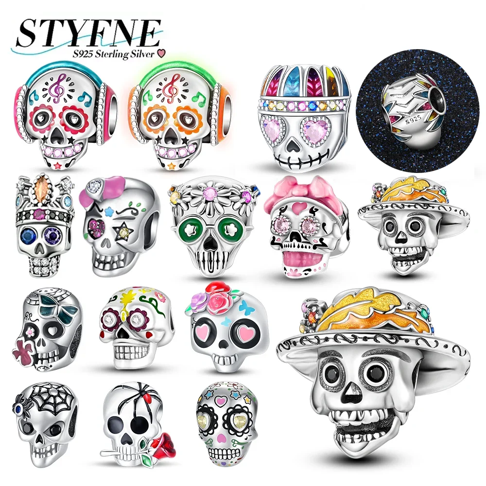

925 Silver Halloween Series Charms Luminous Color Zircon Skull Lil Ghost Beads Fit Original Bracelet Women Fine Jewelry Gift
