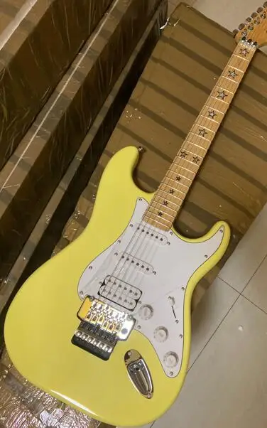 yellow cream body SSH pickups star inlay Maple fingerboard ST 6 strings electric guitar with Floyd Rose Tremolo instock E918