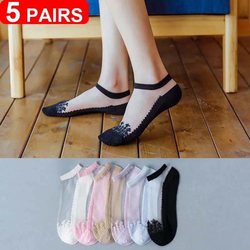 5Pairs Summer Women Silk Socks Ankle Lace Ultra-thin Girls Transparent Glass Fiber Fashion Harajuku Cute Female Short Boat Socks