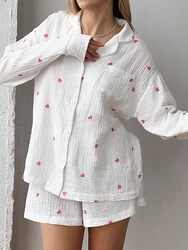 Linad Loose Women's Home Clothes 2 Piece Sets Print Long Sleeve Sleepwear Female Cotton Suits With Shorts Summer Casual Pajamas