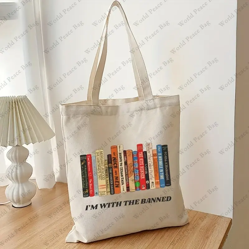 Im with The Banned Book Pattern Canvas Tote Bag, Banned Books Handbag, Literary School Shoulder Bag,gift Bag for Her