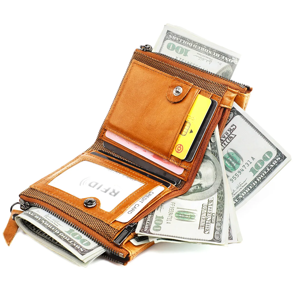 Genuine Leather Short Men RFID Wallets Name Engraving Leather Card Holder Brand Men Retro Coin Pocket Zipper Male Wallet