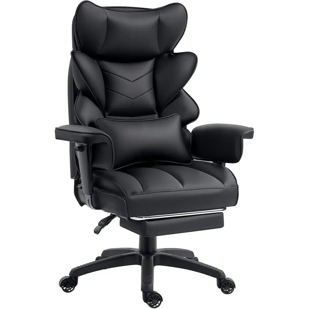 Ergonomic High-Back Office Chair with Spring Cushion, Adjustable Armrests, Lumbar Support, and Footrest - Black Leather