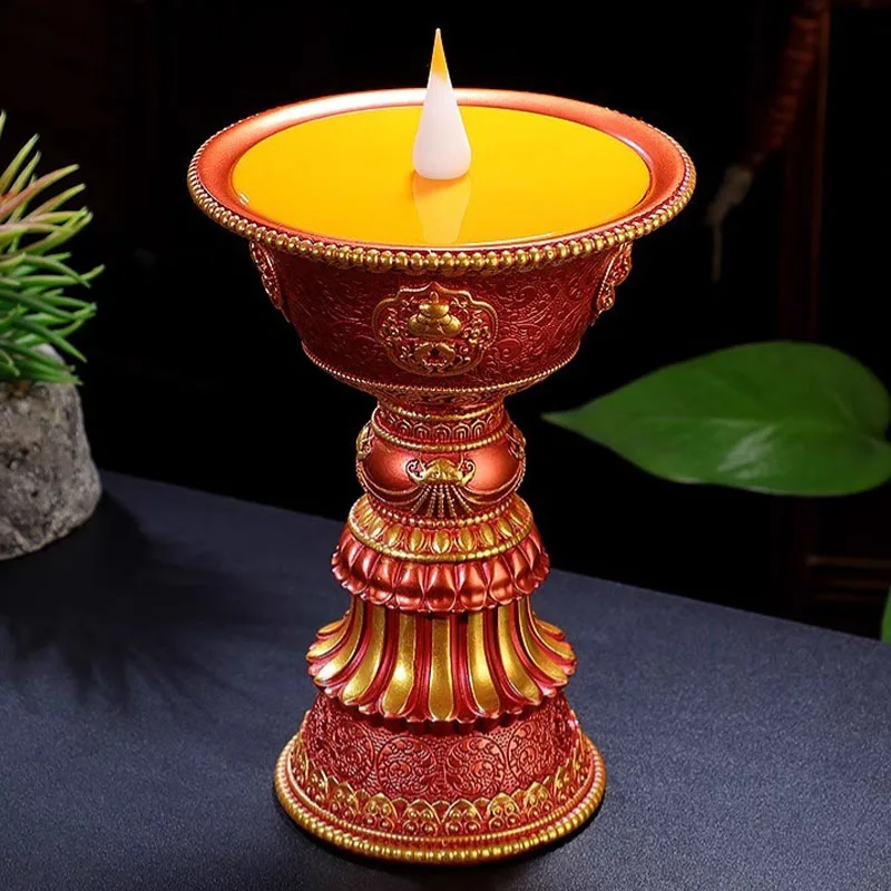 Rechargeable Tibet Butter Lamp, Buddhism Candle and Holder, 7Days Running Time, Warm White LED, Thailand Buddhist Light, 32-15cm