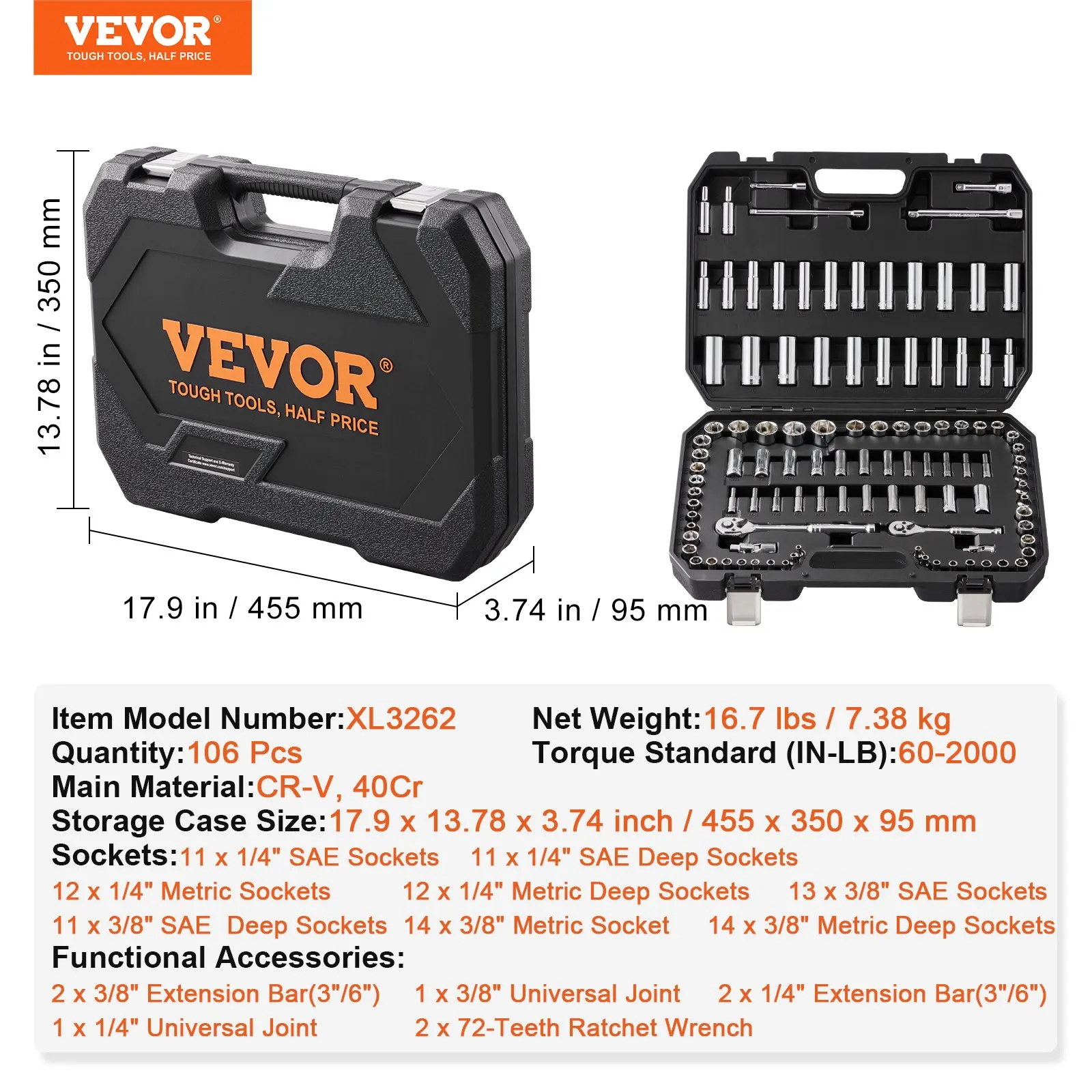 

Drive Socket And Ratchet Set, 6-Point Socket Opening