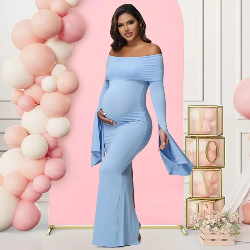 

Women Maternity Dresses For Photoshoot Sexy Off Shoulder Long Sleeve Bodycon Pregnancy Baby Shower Maxi Gown