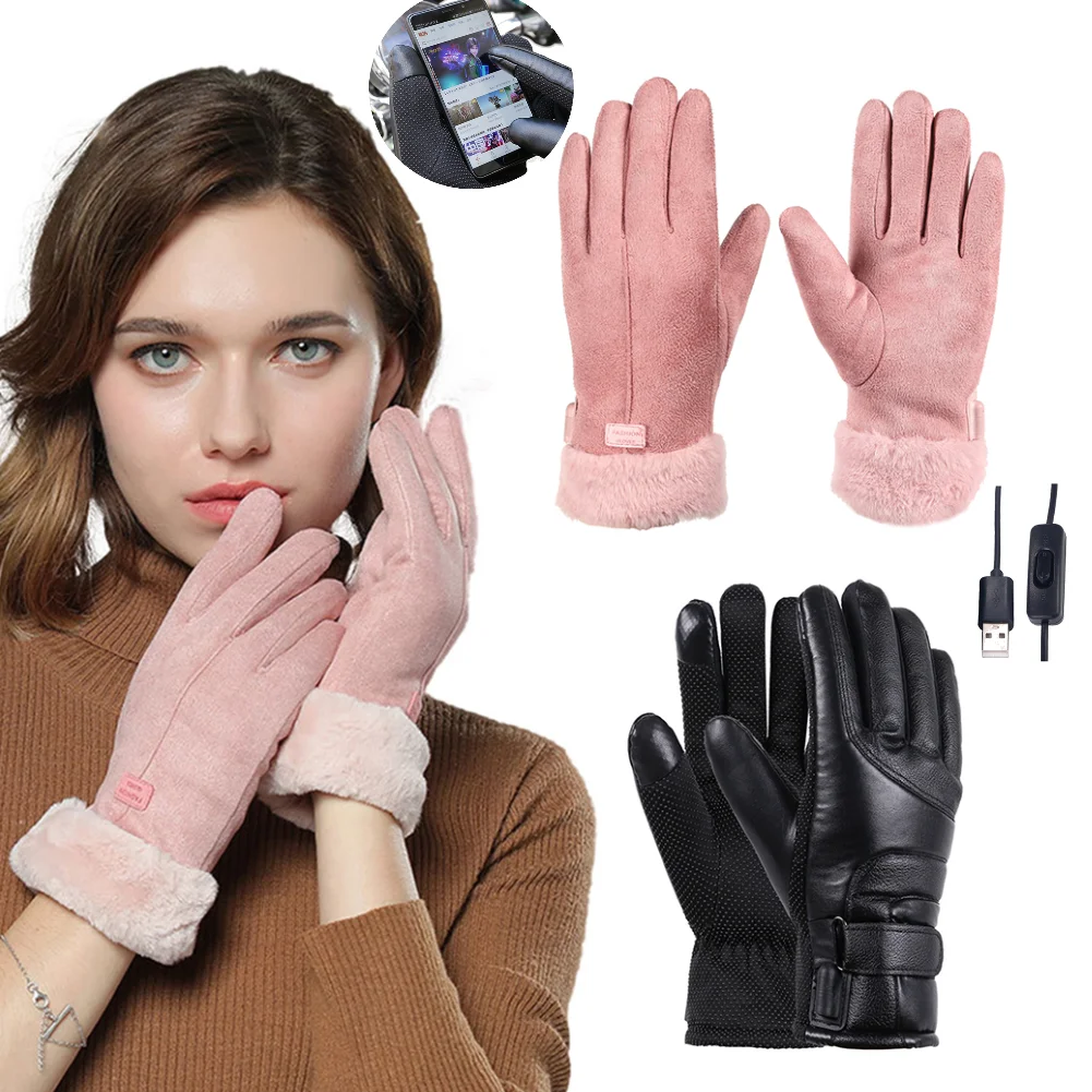 1 Pair Winter Warm Gloves USB Rechargeable Heated Hand Warmer Gloves Touch Screen Motorcycle Cycling Outdoor Hiking Gloves