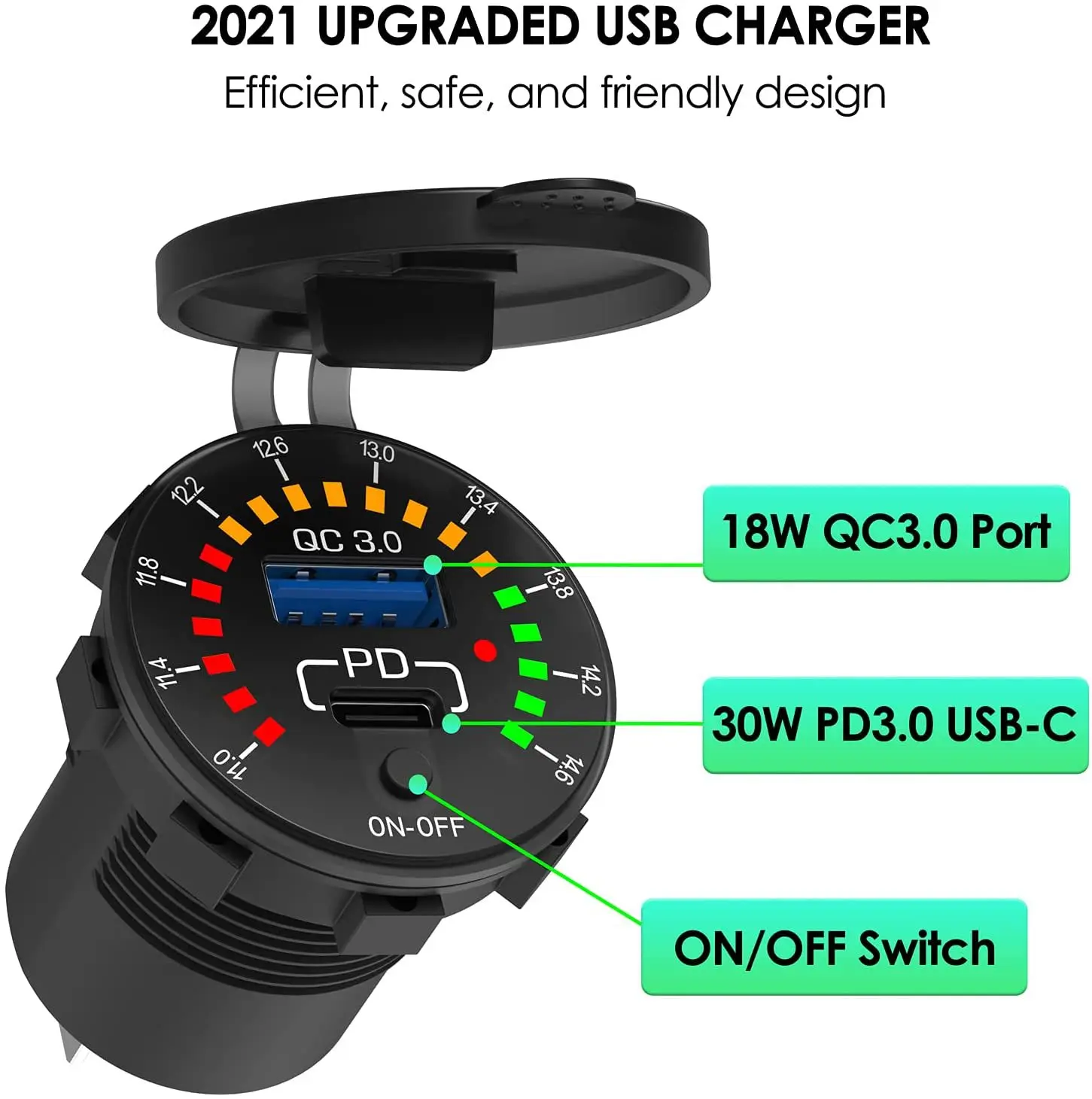 12-24V 91W Colourful screen Rain-Proof Car Charger type Metal Switch Car Charge Double Socket QC3.0+PD Fast Charge