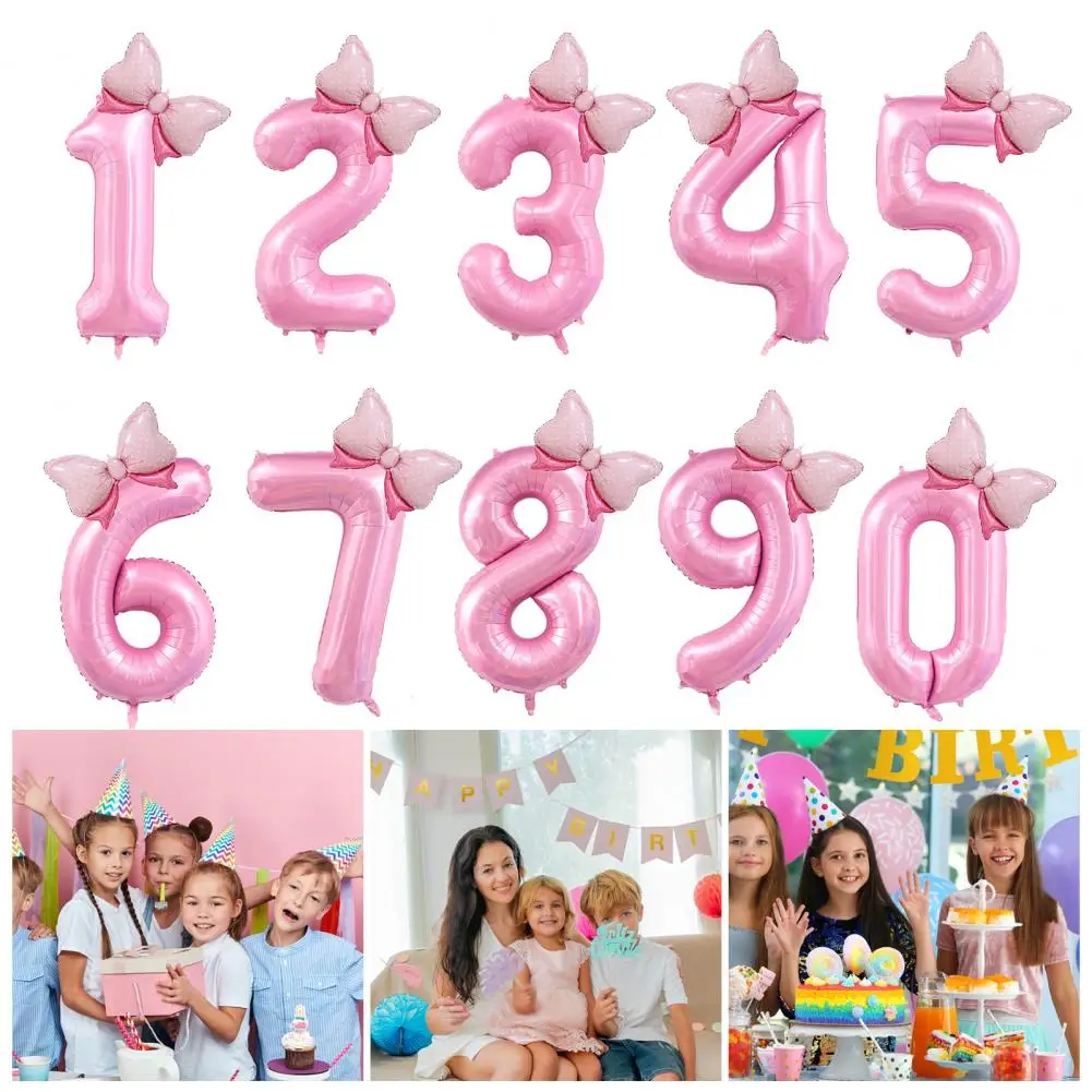 40 Inch Happy Party Balloon Set Number Bowknot Shape Balloon Aluminum Film Balloon with Inflatable Straw Birthday Party Decor