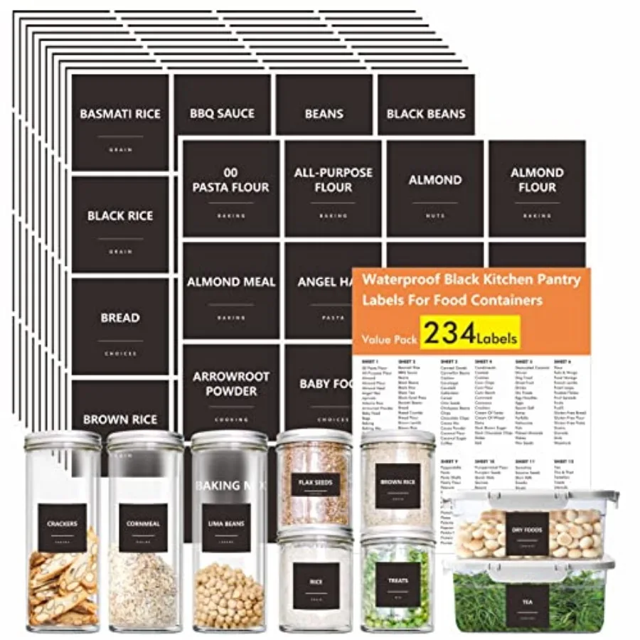 234 Minimalist Kitchen Food Labels, 216 Preprinted Flour Pasta Peas Condiment Oil Stickers, 18 Blank Ones, Waterproof OilandTea
