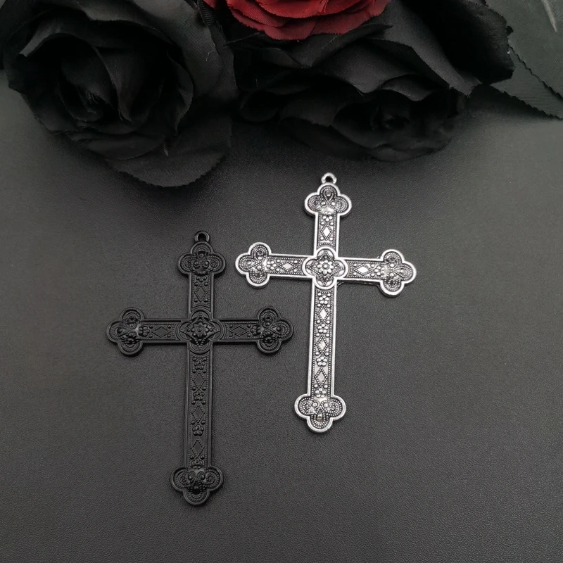 5pcs Silver Color Black 80x54mm Flower Cross Charms Jesus Faith Pendant Jewelry Making DIY Handmade Craft Accessories Wholesale