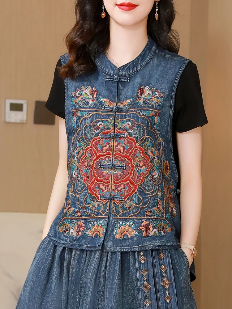 TIYIHAILEY-Women's Vintage Denim Vest, Sleeveless Embroidery Tops, Chinese Style, New, 2025 Jeans Ladies