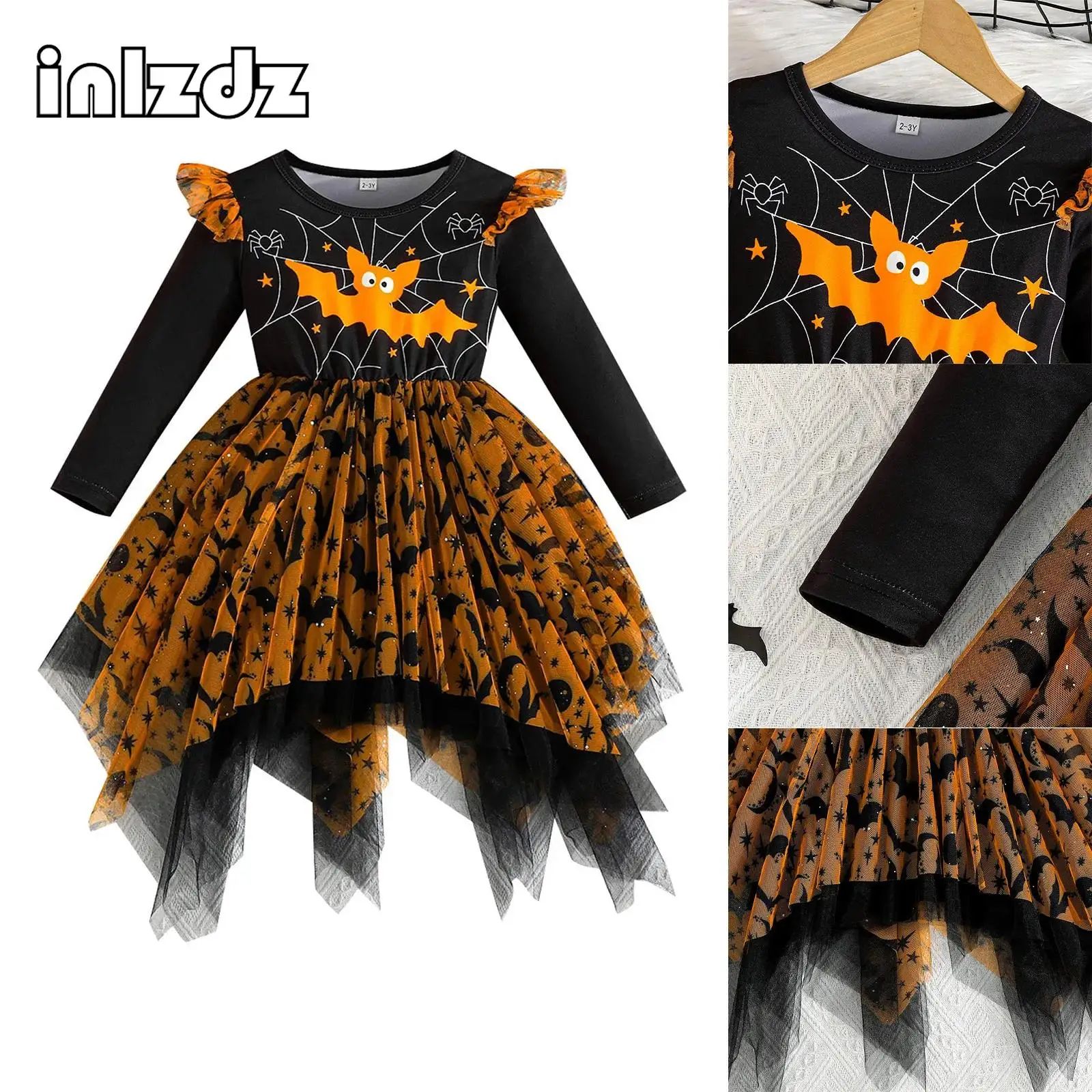

Girls Bat Halloween Cosplay Costume Long Sleesve Shoulder Lace Mesh Ruffled Dress for Christmas Easter Theme Party Performance