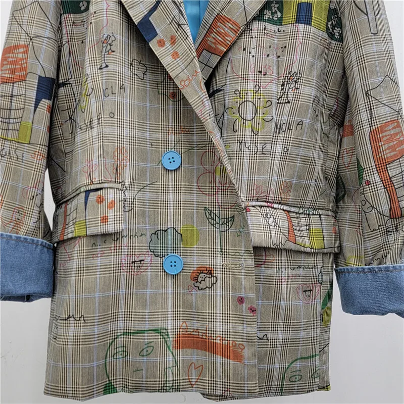 WTHT Trendy Women\'s Gray Plaid Graffiti Design Loose Casual Blazer 2024 Autumn Fashion Lapel Long Sleeves Jacket Female 1LS082