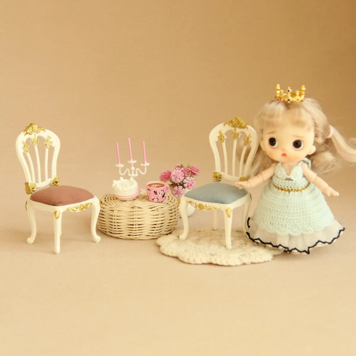 12 スケールミニチュアバロック人形椅子ヴィンテージロイヤルミニ椅子 BJD ドールハウスダイニング家具