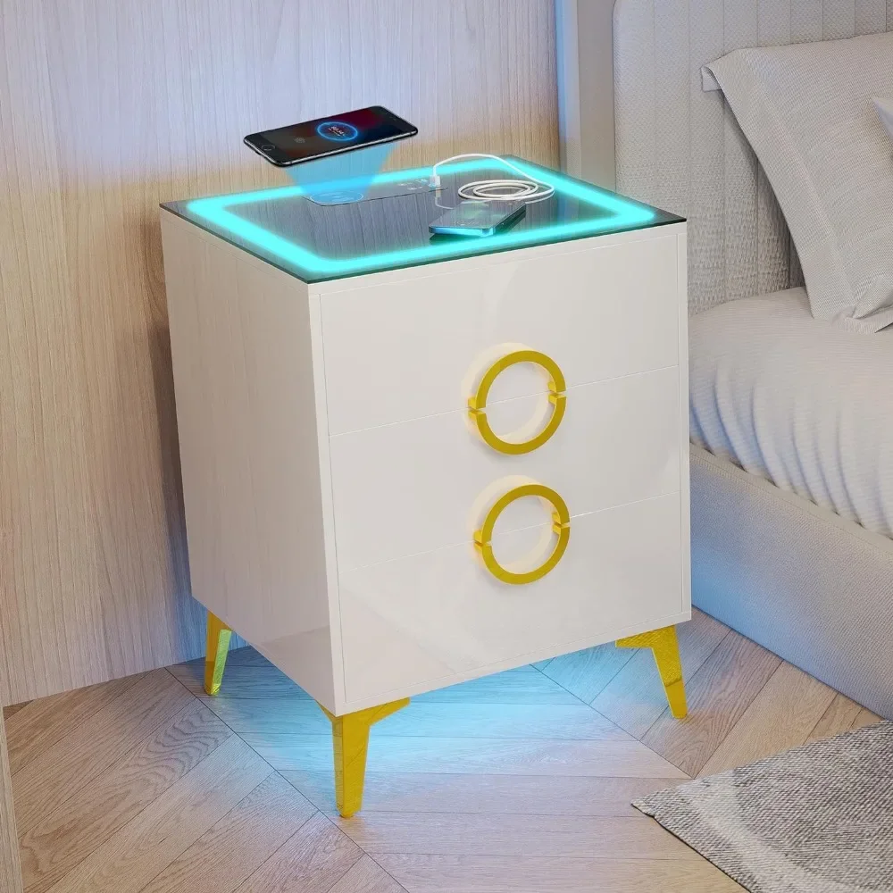 

LED nightstands with Charging Station, 3-Color Lights Modern Nightstands with Drawers, Charging Bedside Table with Glass Top