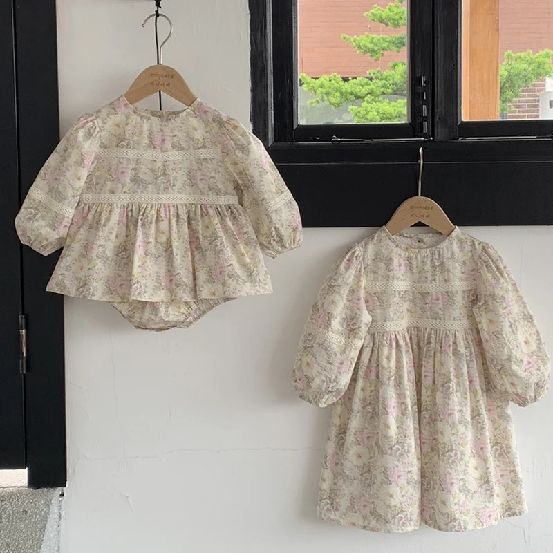 

Autumn 1-6Y Sister Clothing Vintage Floral Dress Baby Romper Cotton Pink Rose Infant Bodysuit Princess Girls Sister Family Dress