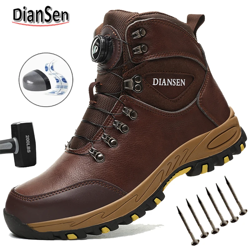 Men's High Top Steel Toe Work Boots Puncture Proof Anti-skid Safety Boots With Rotary Button Durable Rubber Sole Industrial Shoe