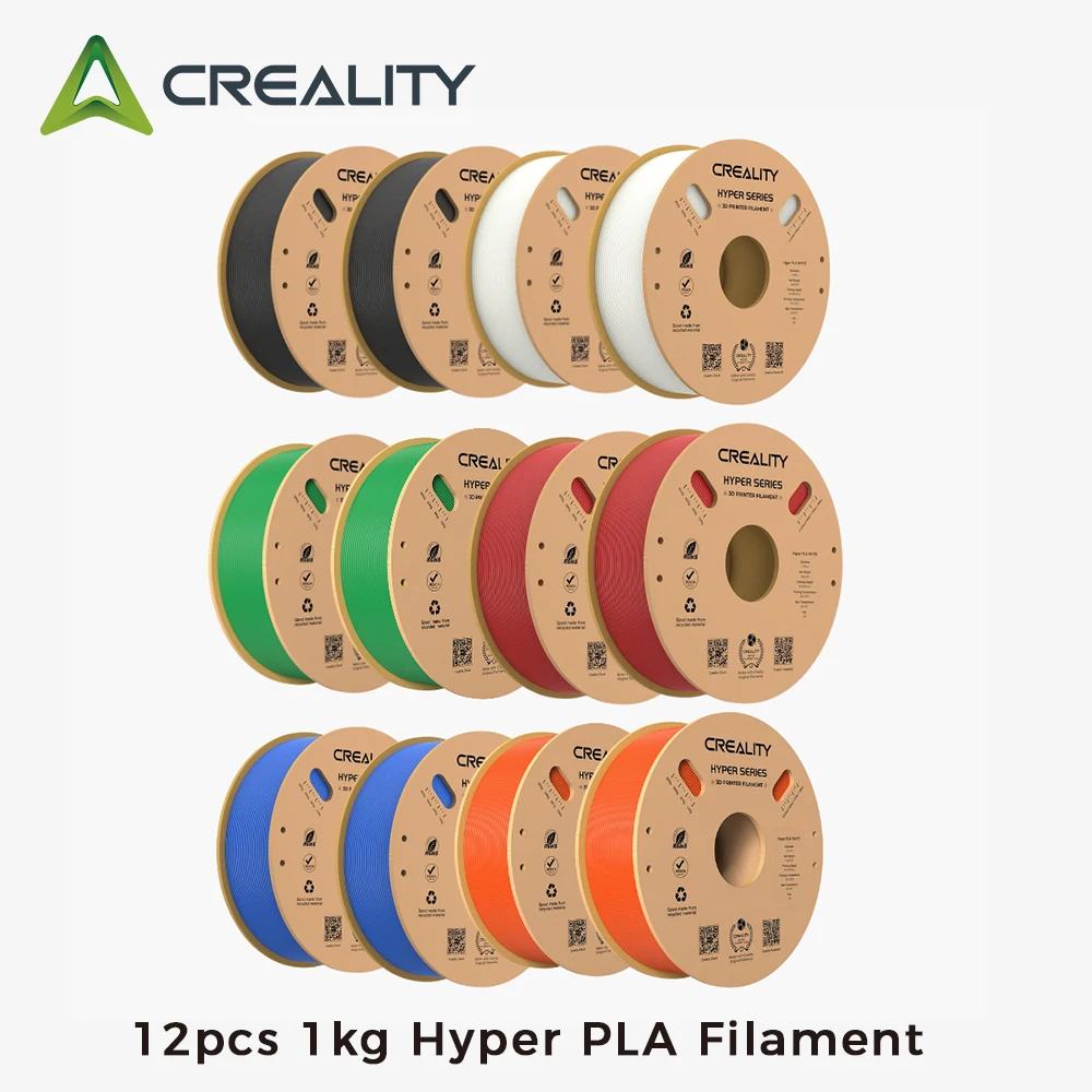 

Creality, 12 шт./коробка, 1 кг, 1,75 мм, нить для 3D-печати Hyper PLA, 12 упаковок, высокоскоростная печать для 3D-принтеров Creality