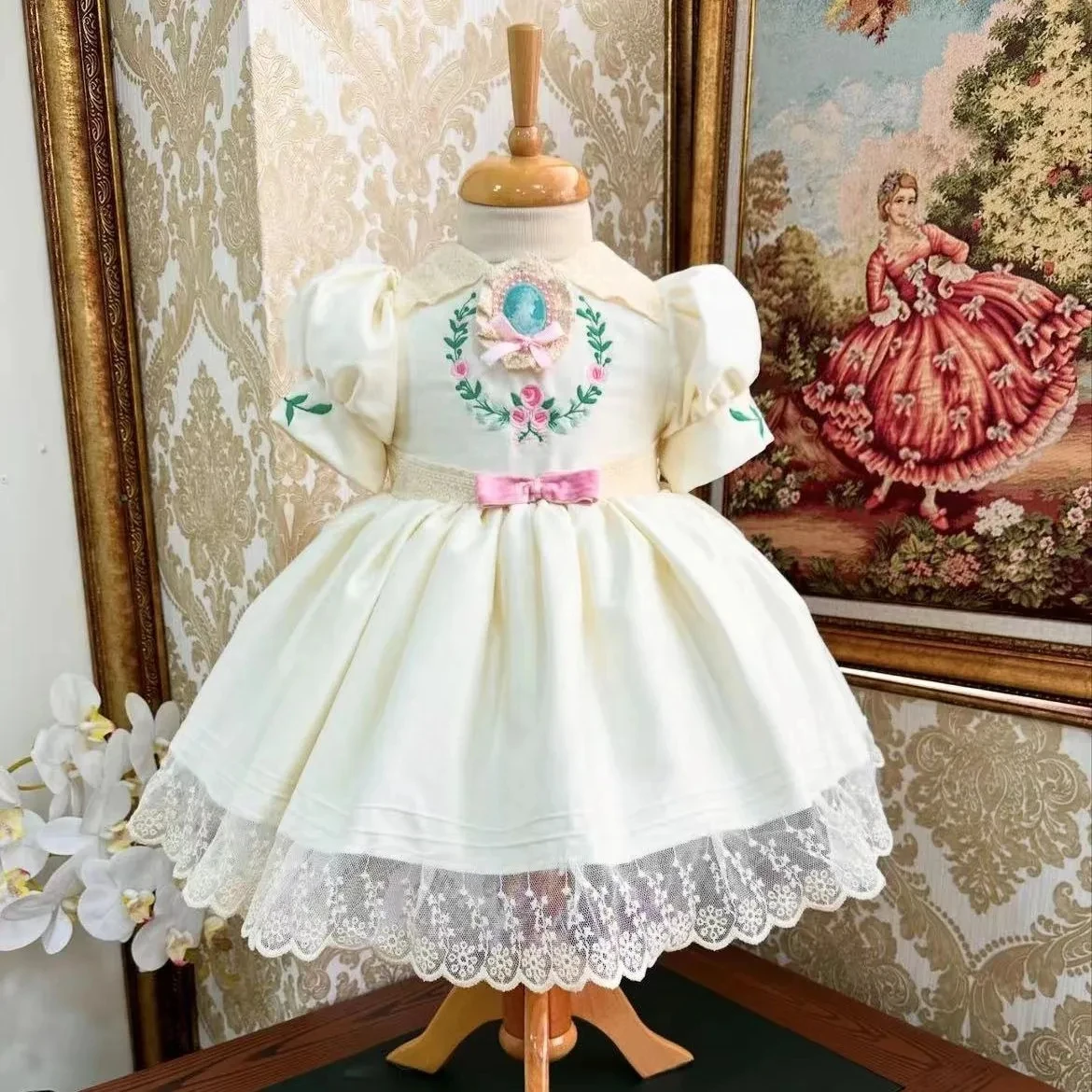 0-12Y Baby Girl Summer White Flower Embroidery Turkish Vintage Princess Dress for Birthday Holiday Easter Photography Eid B508
