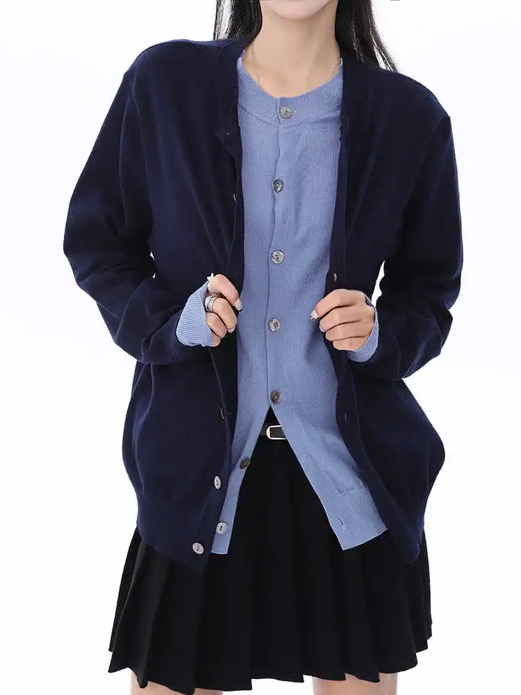 Outono inverno feminino cardigan camisola falsa duas peças 2000s manga longa estilo preppy jumper o pescoço malhas camisas high street