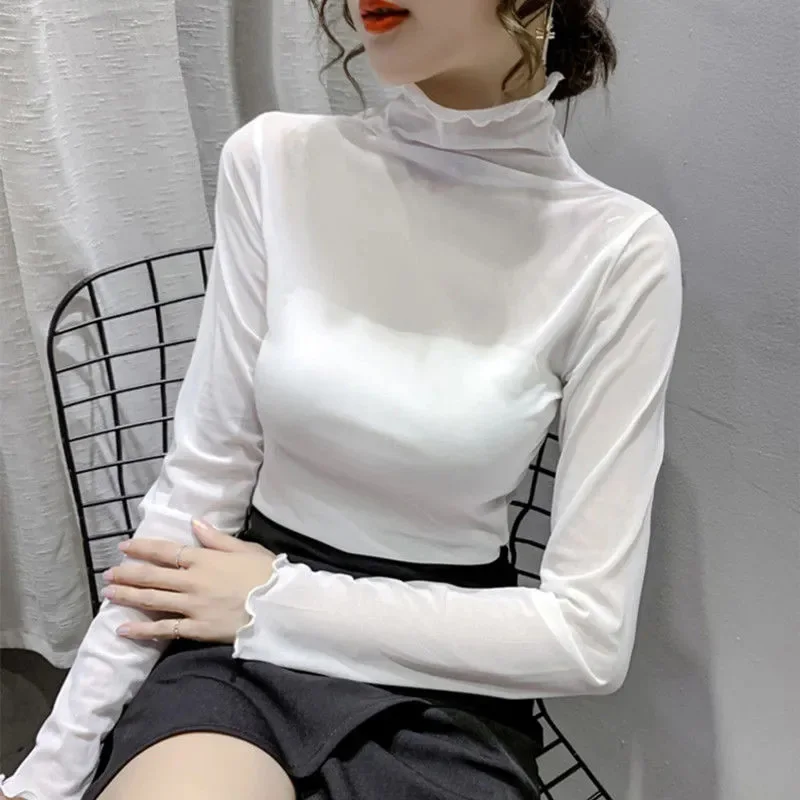 Turtleneck Mesh Women Spring Summer Long Sleeve See-Through Tulle Bottom Shirt Fashion High Street Black Lace Sexy Harajuku Tops