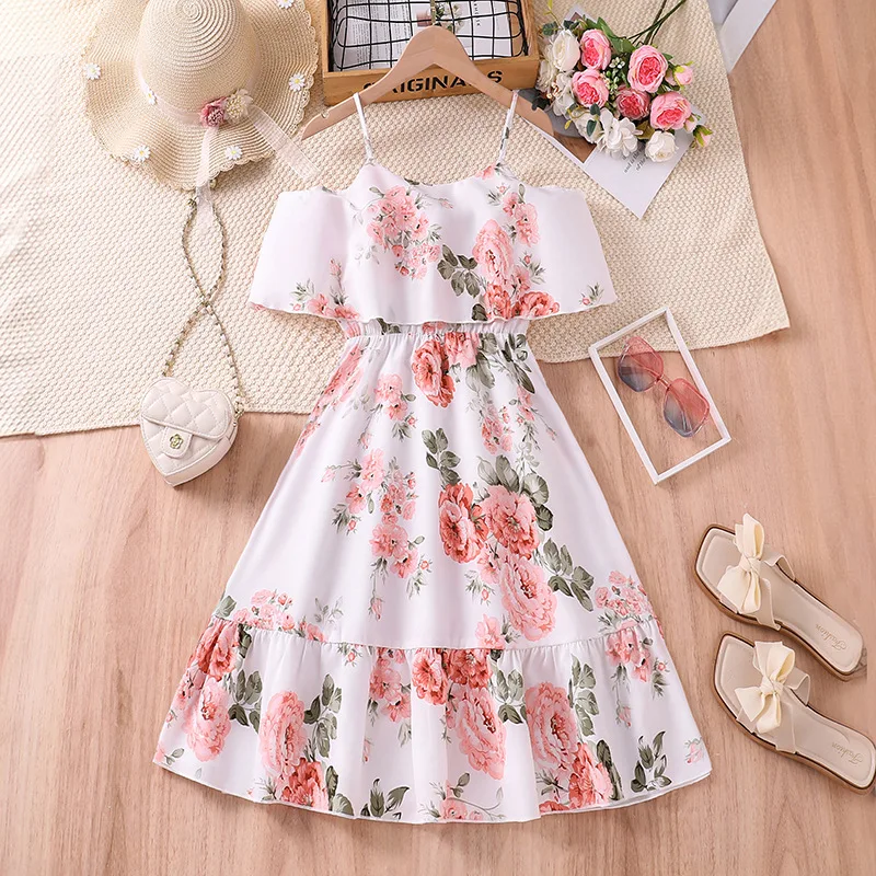 

2024 Summer New Arrival Girls Sleeveless Slash Neck Print Floral White Designer Cute Party Princess Dress Custume 8-12T