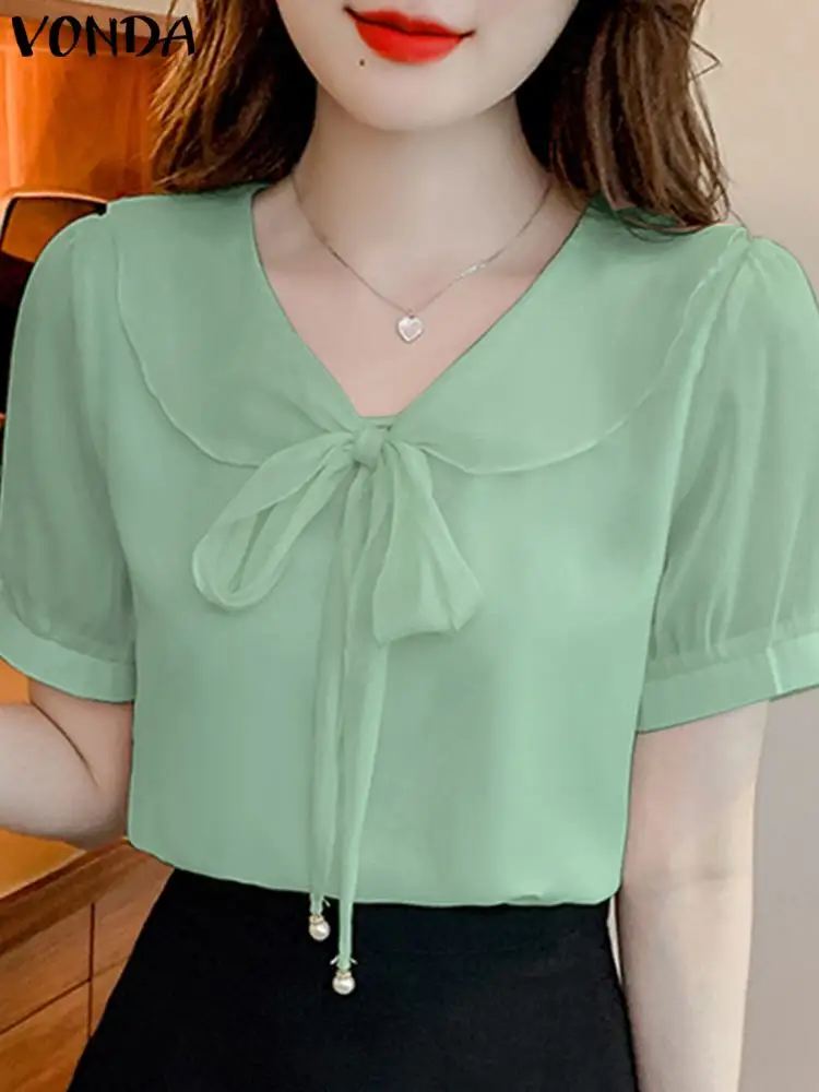 Elegant Women Shirts Fashion Short Sleeve Solid Color Blouse 2024 Casual Puff Sleeve Double-Layer Neck Tops Summer Tunic Blusas