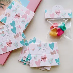 50pcs/lot 6.4x4cm Foldable Packaging Paper Cards Heart Pattern Cards for Handmade Jewelry Retail Hang Tag Pink Bow Display Label